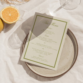 Tarjeta de menú de boda con caligrafía en verde ol