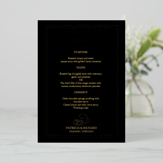 Tarjeta de menú de boda con caligrafía real elegan (Anverso de pie)