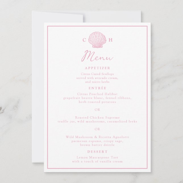 Tarjeta de menú de boda con concha de mar rosa rub (Anverso)