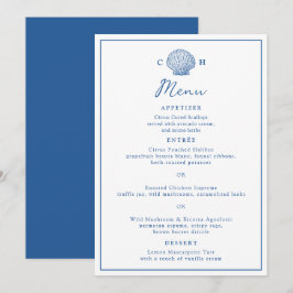 Tarjeta de menú de boda con conchas de mar azul fr