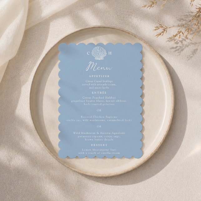 Tarjeta de menú de boda con conchas de mar costera (Subido por el creador)
