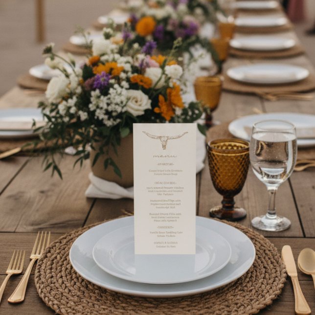 Tarjeta de menú de boda con cráneo de vaca boho de (Desert Boho Cow Skull Wedding Menu Card)