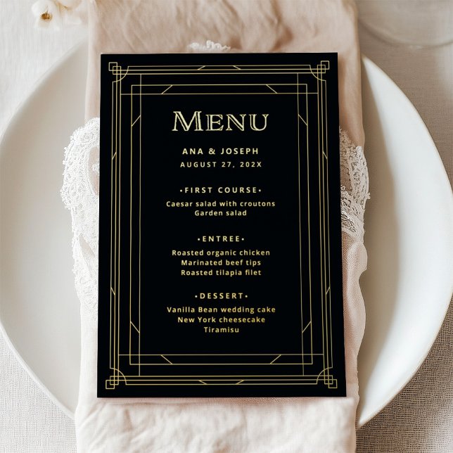 Tarjeta de menú de boda con deco negro y pan de or (Subido por el creador)