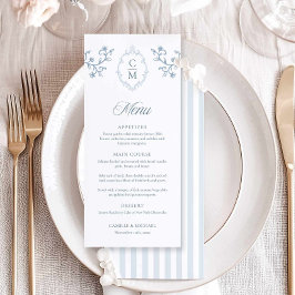 Tarjeta de menú de boda con elegante cresta azul y