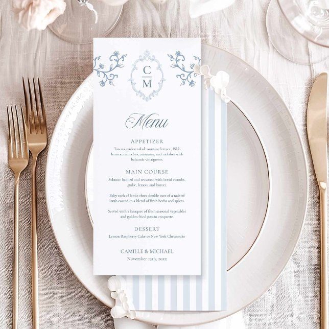 Tarjeta de menú de boda con elegante cresta azul y (Blue Monogram Menu Card)