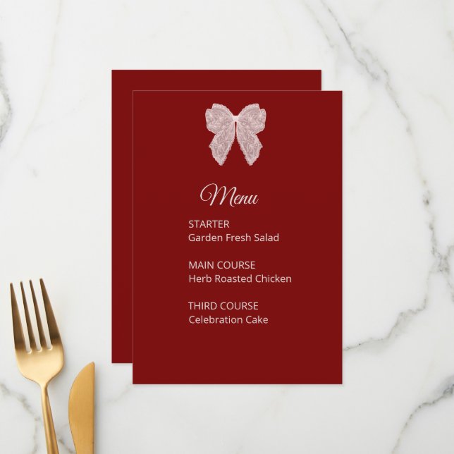 Tarjeta de menú de boda con elegante lazo de encaj (Anverso/Reverso In Situ)