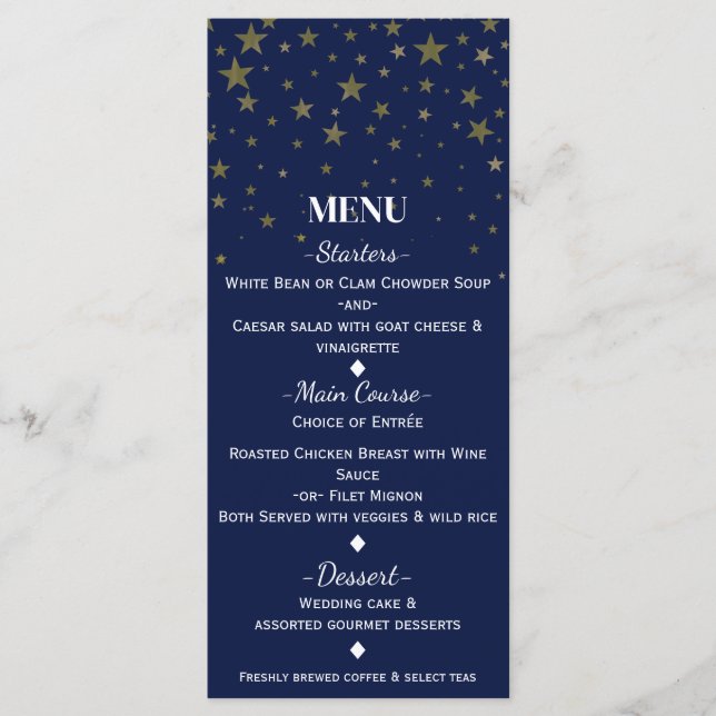 Tarjeta de menú de boda con estrellas doradas azul (Anverso)