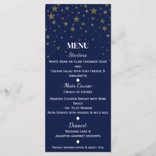 Tarjeta de menú de boda con estrellas doradas azul