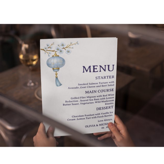 Tarjeta de menú de boda con farolillo azul japonés (Subido por el creador)