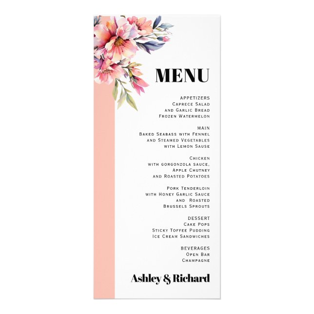 Tarjeta de menú de boda con flores rosadas de melo (Frente)
