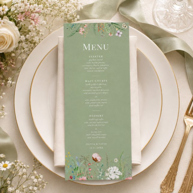 Tarjeta de menú de boda con flores silvestres en v (Sage Green Wildflower Wedding Menu Card)