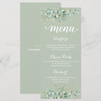 Tarjeta de menú de boda con follaje de eucalipto v