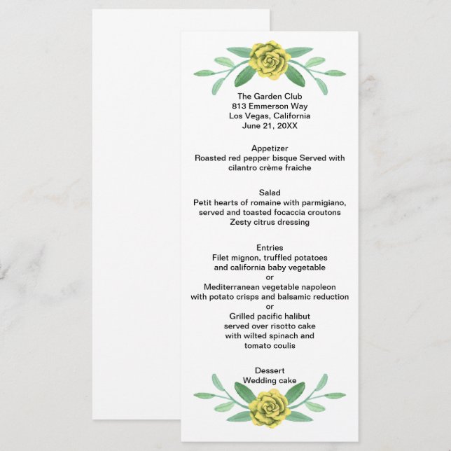 Tarjeta de menú de boda con follaje floral verde (Anverso / Reverso)