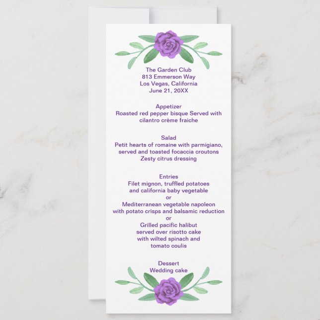 Tarjeta de menú de boda con follaje floral verde p (Anverso)