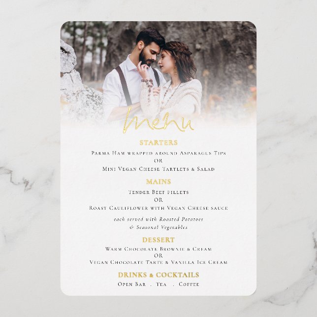 Tarjeta de menú de boda con foto de guión moderno  (Anverso)