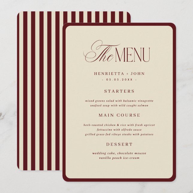 Tarjeta de menú de boda con franjas de marfil y bo (Anverso / Reverso)