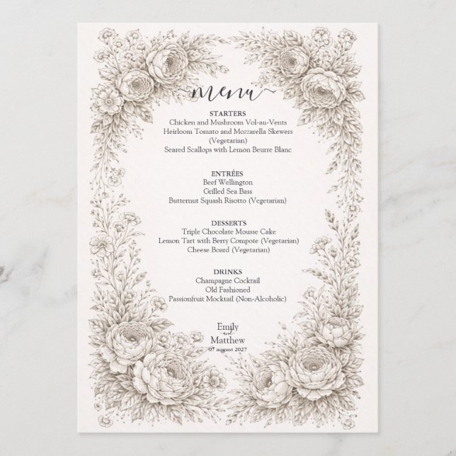 Tarjeta de menú de boda con grabado botánico de la (Anverso)