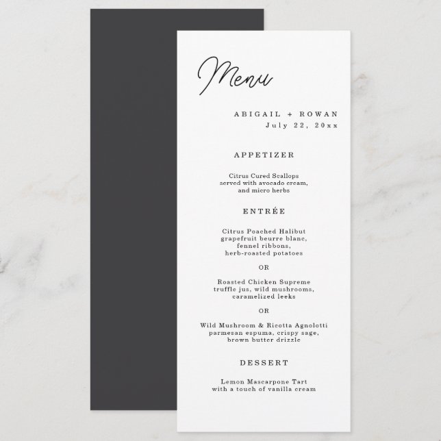 Tarjeta de menú de boda con guión largo minimalist (Anverso / Reverso)