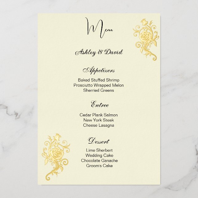 Tarjeta de menú de boda con hoja de rosa (Anverso)