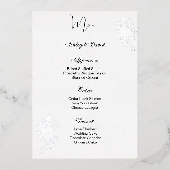 Tarjeta de menú de boda con hoja de rosa (Anverso)