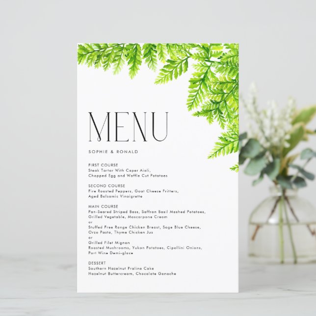Tarjeta de menú de boda con hojas de helecho verde (Anverso de pie)