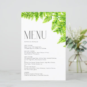 Tarjeta de menú de boda con hojas de helecho verde