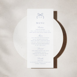Tarjeta de menú de boda con lazo azul Monograma