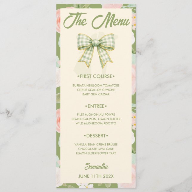 Tarjeta de menú de boda con lazo de gingham verde  (Anverso)