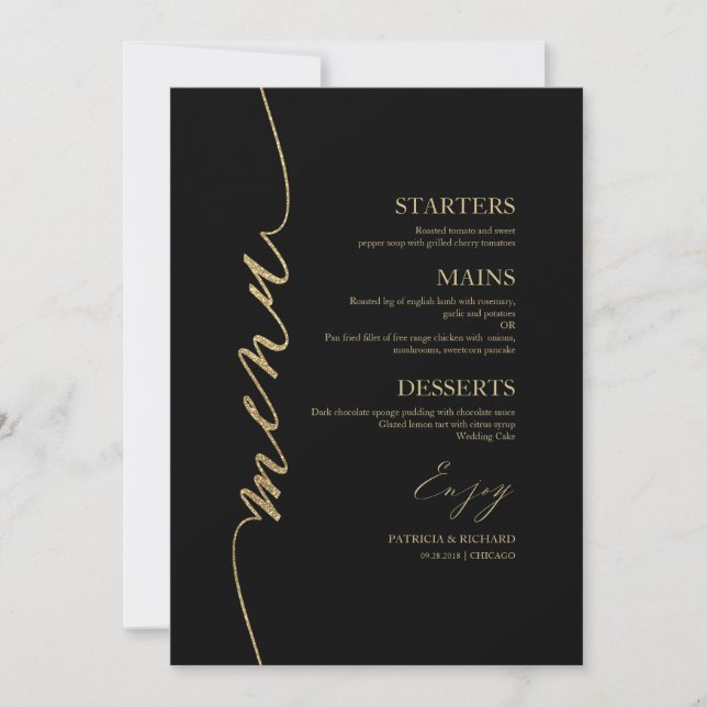 Tarjeta de menú de boda con letra elegante para pl (Anverso)
