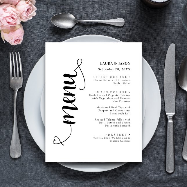 Tarjeta de menú de boda con letra elegante y de fa (Elegant fancy script wedding menu card adds refined charm to each place setting.)