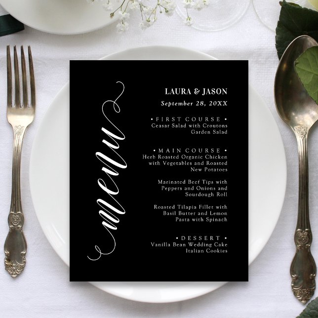 Tarjeta de menú de boda con letra elegante y de fa (Stylish script wedding menu card adds elegant flair to each place setting.)