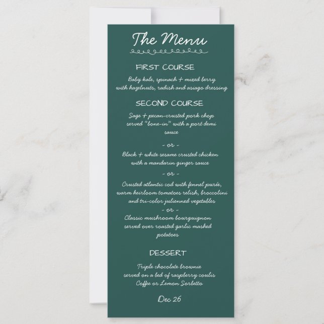Tarjeta de menú de boda con letra manuscrita elega (Anverso)