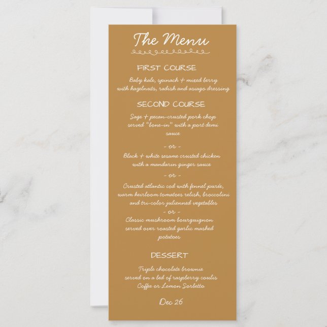 Tarjeta de menú de boda con letra manuscrita elega (Anverso)