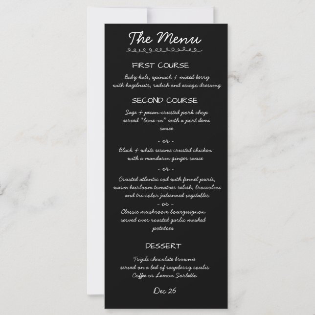 Tarjeta de menú de boda con letra manuscrita elega (Anverso)