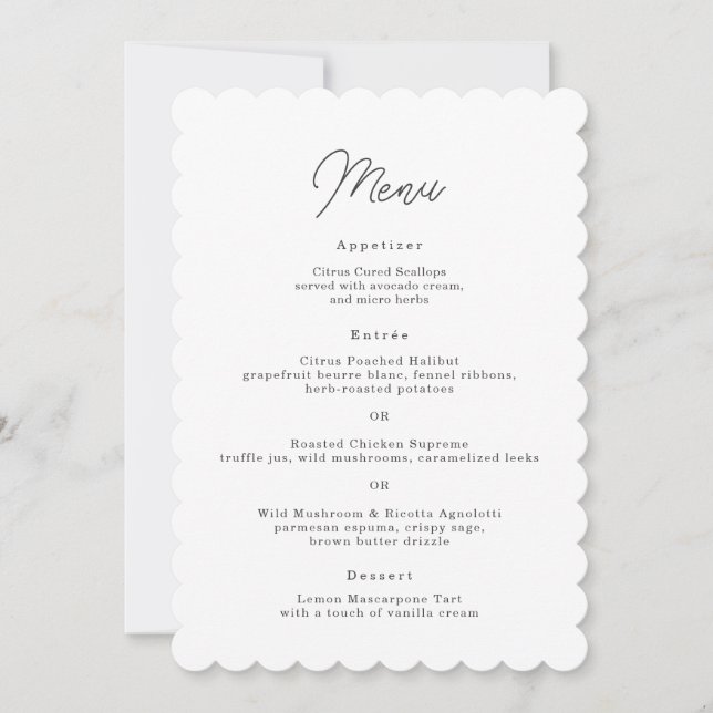 Tarjeta de menú de boda con letra script minimalis (Anverso)