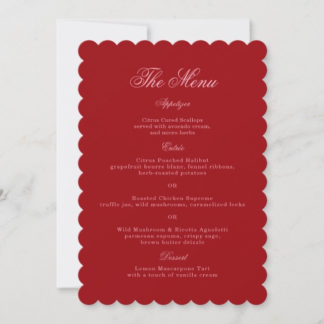 Tarjeta de menú de boda con letra script roja rosa (Anverso)