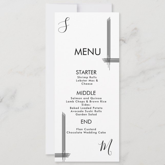 Tarjeta de menú de boda con líneas abstractas en b (Anverso)