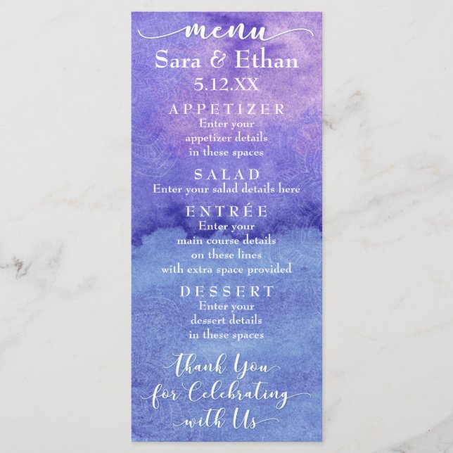Tarjeta de menú de boda con mandala de acuarela pú (Anverso)