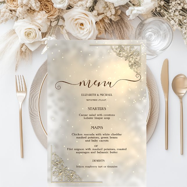 Tarjeta de menú de boda con marco de oro elegante (Subido por el creador)