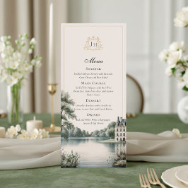 Tarjeta de menú de boda con monograma de Château f