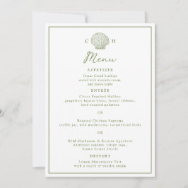 Tarjeta de menú de boda con monograma de concha de