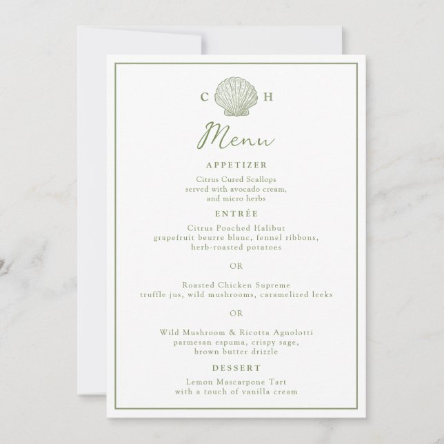 Tarjeta de menú de boda con monograma de concha de (Anverso)