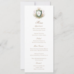Tarjeta de menú de boda con monograma de cresta fl