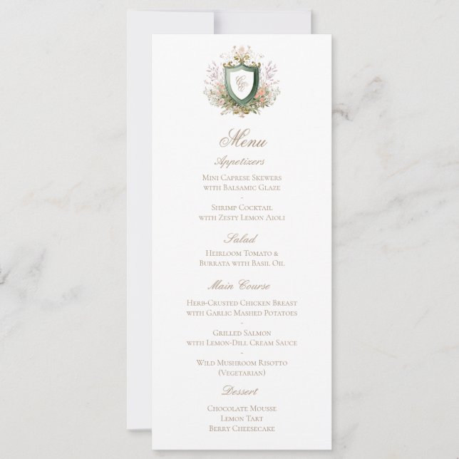 Tarjeta de menú de boda con monograma de cresta fl (Anverso)