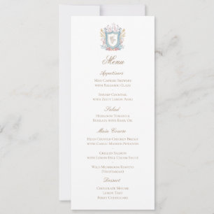 Tarjeta de menú de boda con monograma de cresta fl