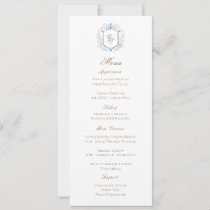 Tarjeta de menú de boda con monograma de cresta fl
