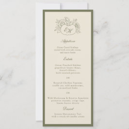 Tarjeta de menú de boda con monograma de oliva cre