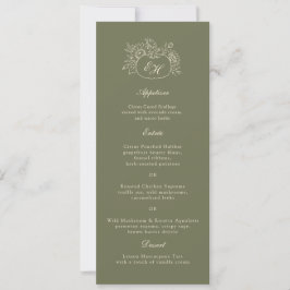 Tarjeta de menú de boda con monograma de olivo y s