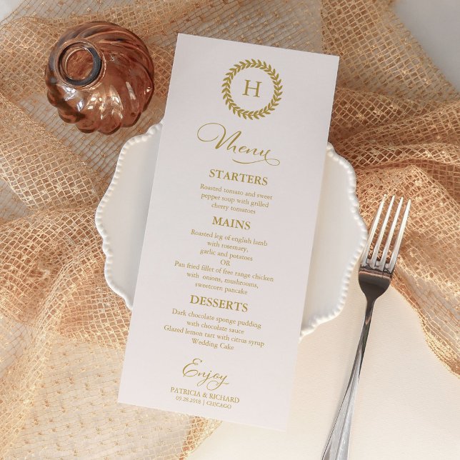 Tarjeta de menú de boda con monograma dorado minim (Subido por el creador)
