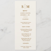 Tarjeta de menú de boda con monograma minimalista
